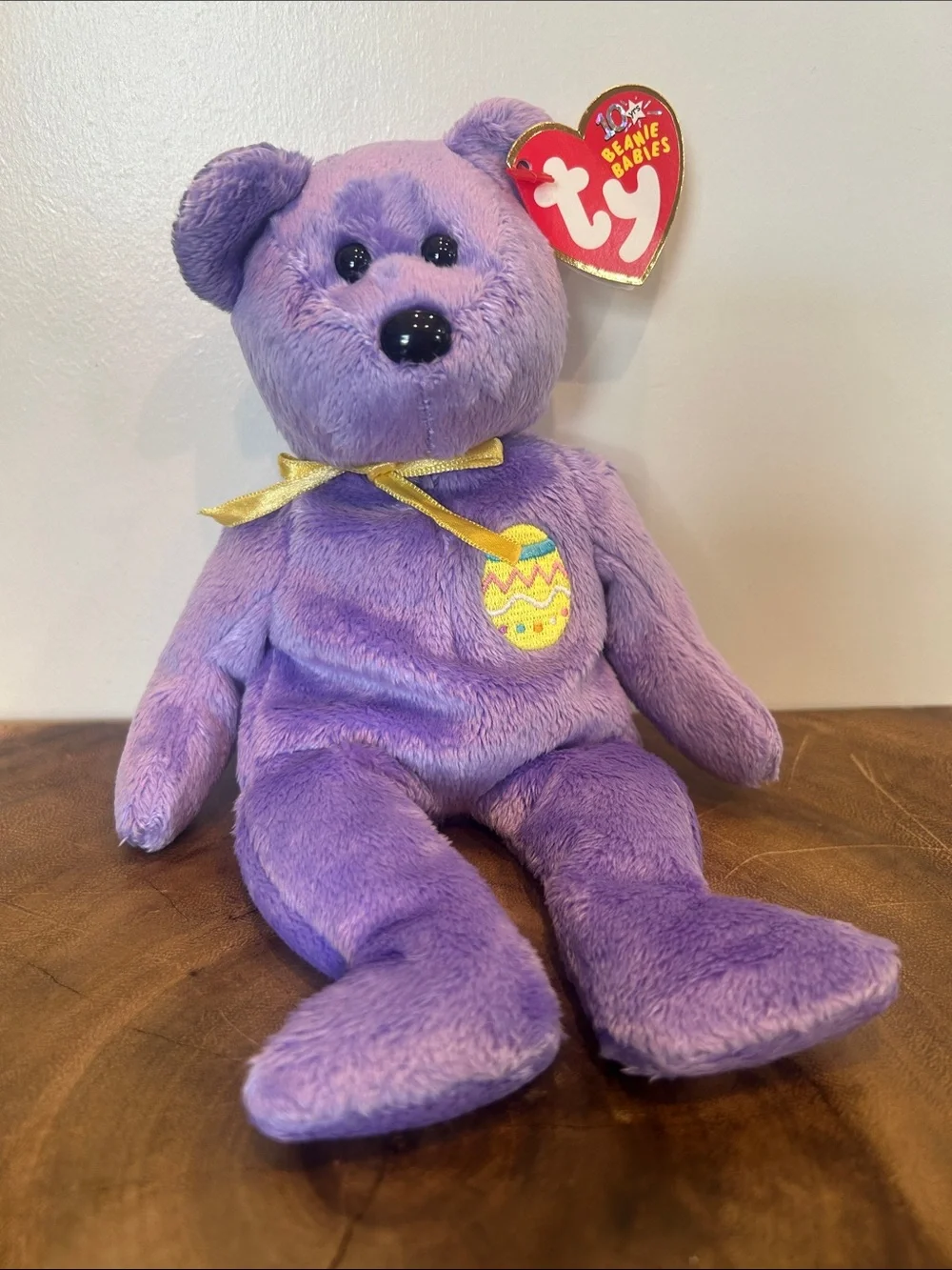 Ty Purple Beanie Baby Plush Bear with Gold Bow and Embroidered Egg